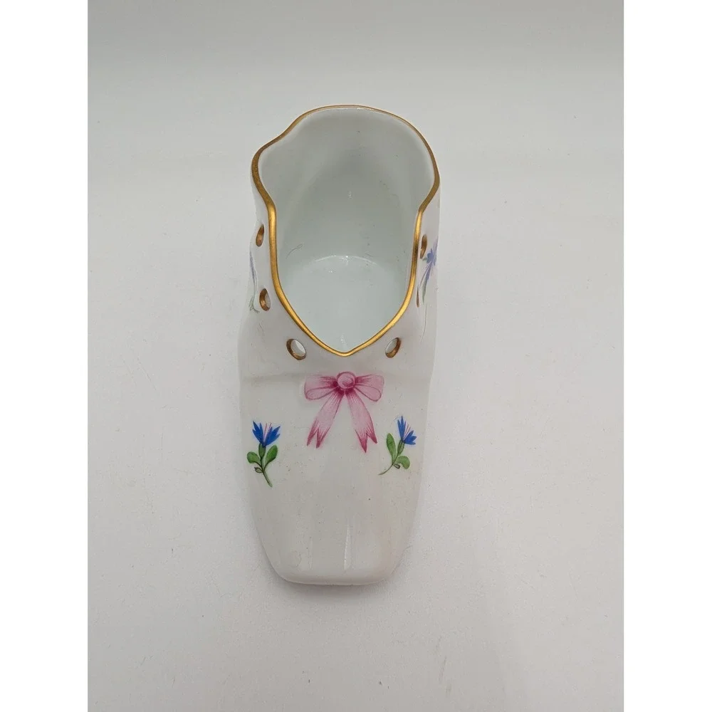 Herend Hungary Porcelain Baby Shoe Figurine White Floral Gold Trim